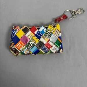 Nahui Ollin Woven Candy Wrapper Red Patent Zippered Small Coin Pouch Y2K